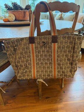 Michael Kors X-Large Signature Tote w/ Orange/Taupe Canvas Straps Leather Detail
